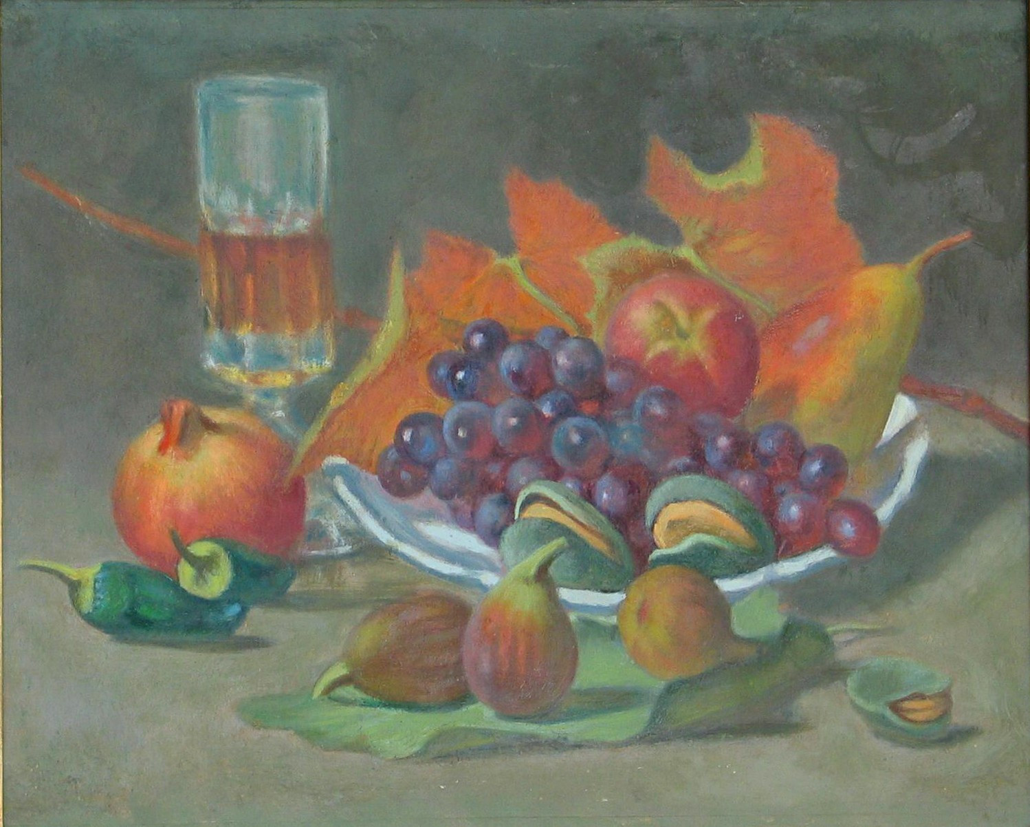 Nature morte avec feuilles de vigne et raisins